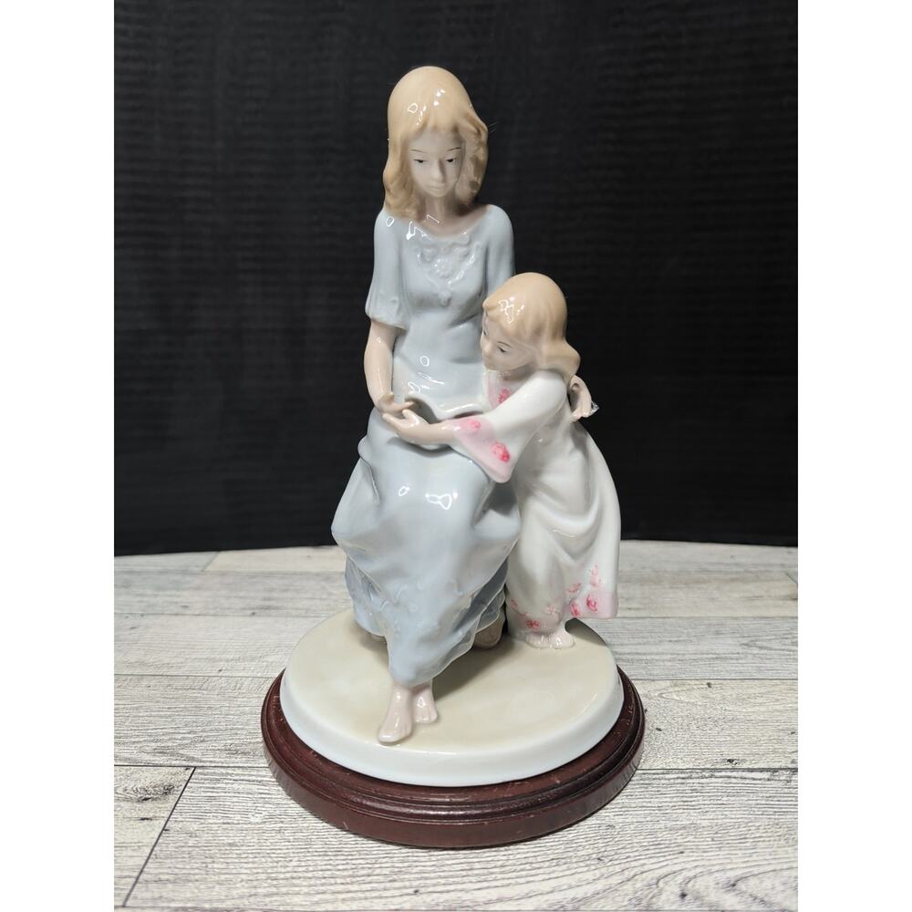 Vtg Meico Inc Porcelain Figurine of Mother & Daughter Reading a Book & Wood Base